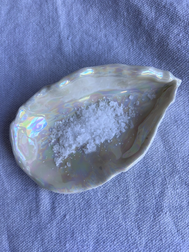 large porcelain oyster shell dish with mother of pearl lustre