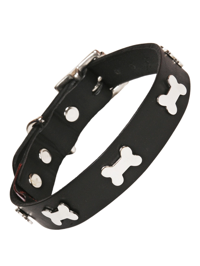 Creature Clothes Black Leather Dog Collar with Silver Bone Studs