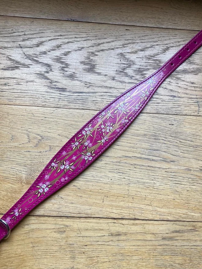 pink floral hand painted leather dog collar