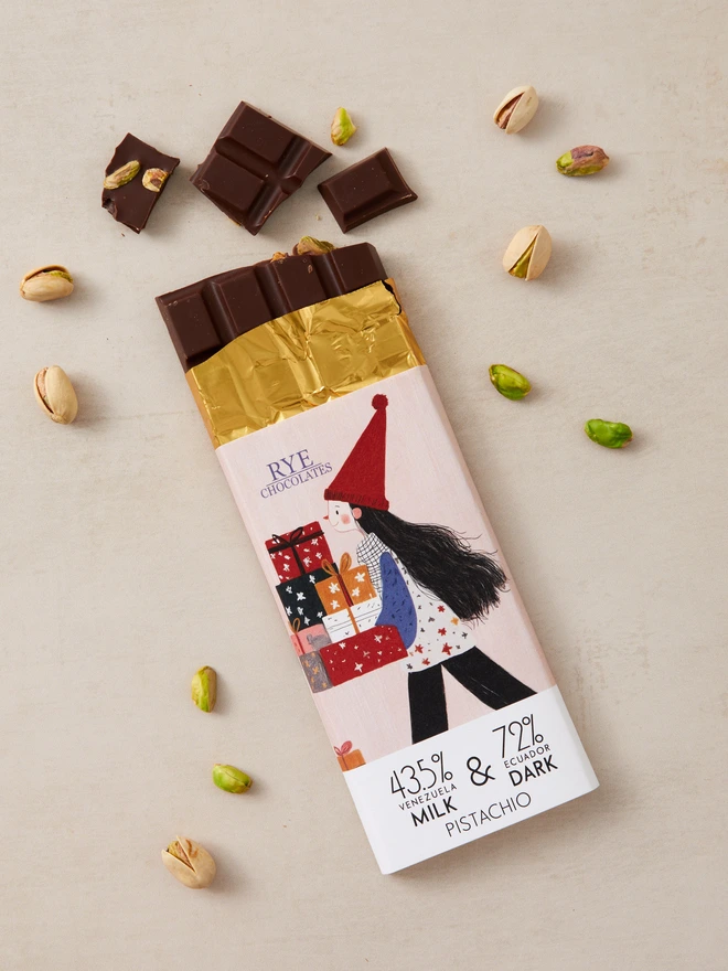 Festive Pistachio Chocolate Bar - blend of 43.5% Venezuelan milk & 72% Ecuadorian dark chocolate