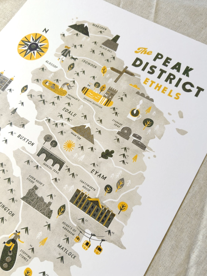 The Peak District Ethels map print close up