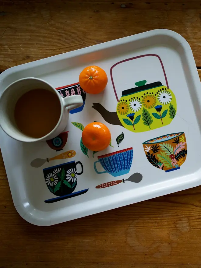 illustrated teapot and cups tray