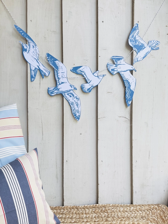 'Swooping Seagulls Of Joy' Hand Printed Bird Linocut Garland