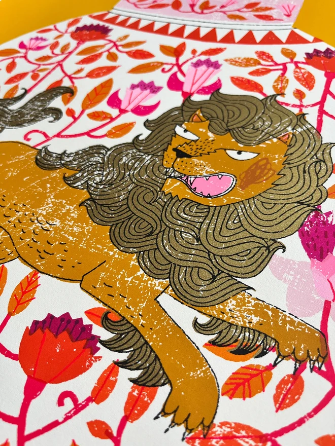 Lion Ginger Jar Lollapalooza Lion Jar, a colourful lion jar design on a yellow screenprint. 