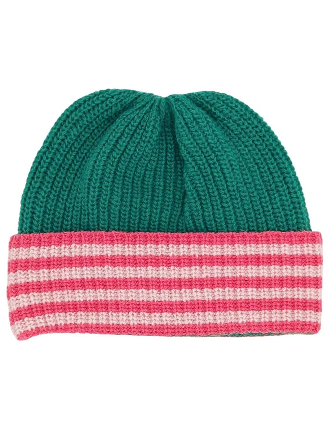 Green Ribbed Hat With Bright Pink And Peach Trim