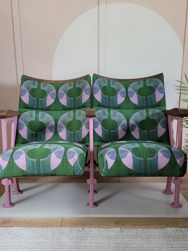 Two vintage cinema seats, in Boucle velvet, seats flipped down