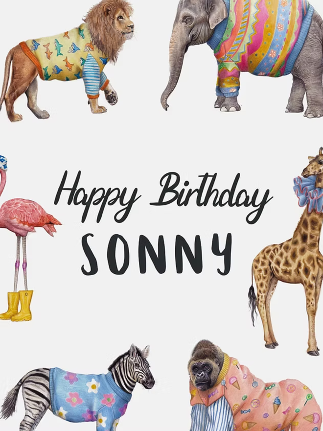 illustrated personalised children's birthday card. a white card featuring illustrated animals in party outfits. 