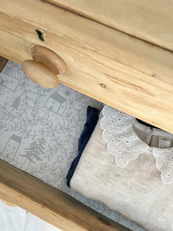 Ducks In A Row Cottages Wallpaper used as lining in Nursery Room Drawers