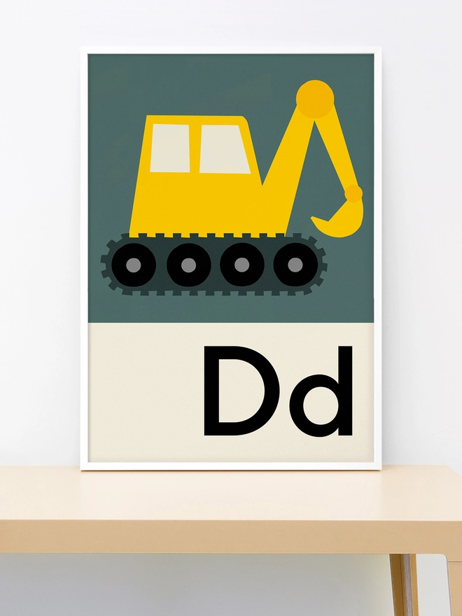 illustrated yellow digger wall print in white frame