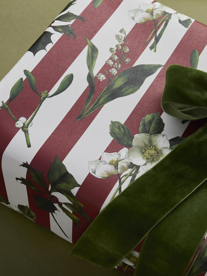 red and ivory stripe pattern with festive botanicals wrapping paper close up