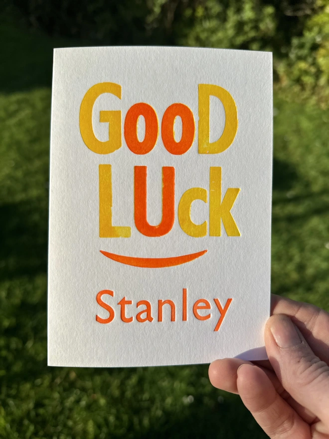 good luck card letterpress personalised