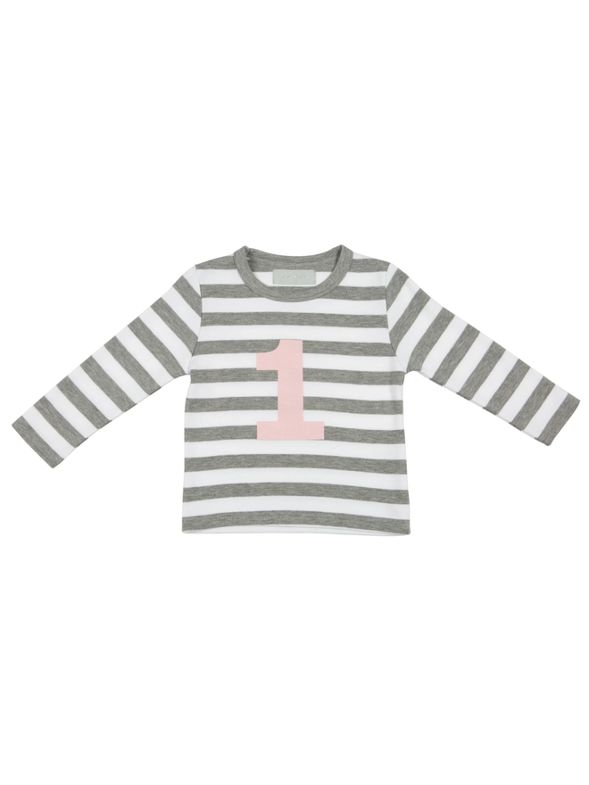 Grey Marl & White Striped Number 1 T Shirt (Mallow Pink)