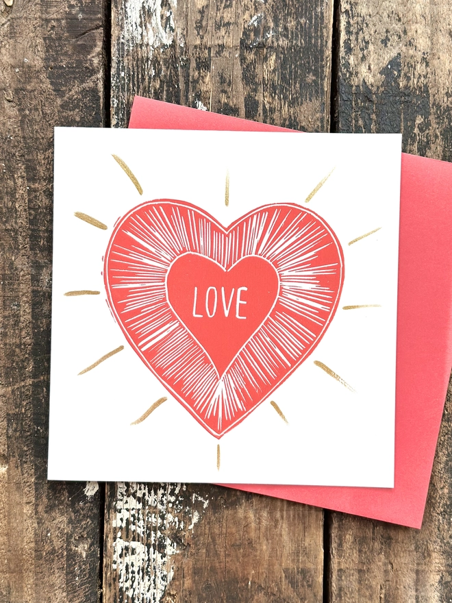 Love Heart Valentines Card Hand Printed Linocut With Gold 