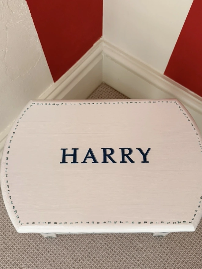 Wooden Childs stool. Painted white with detail and personalised name. 