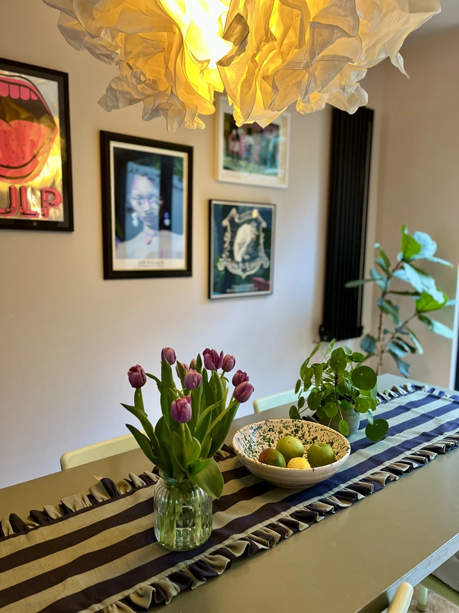 Black and jade stripe ruffled table runner 