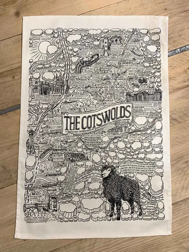 Cotswolds Print Tea Towel Flat
