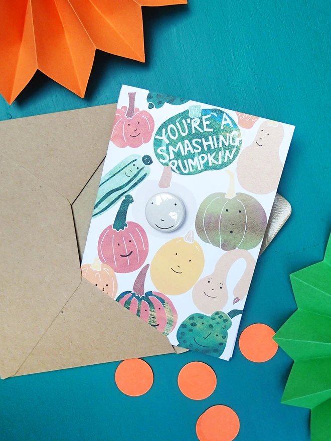 pumpkin, halloween greeting birthday card with pin badge
