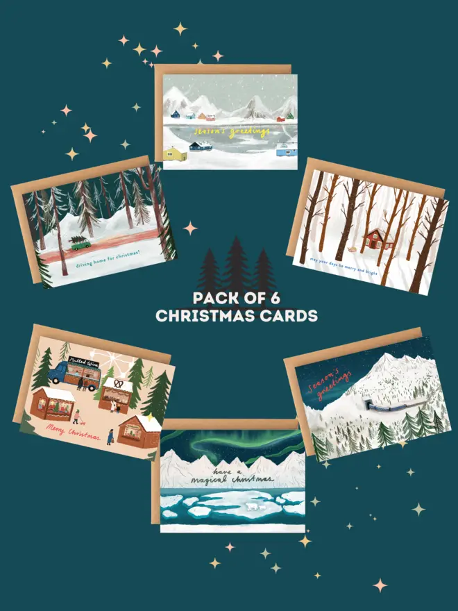 Pack of 6 illustrated landscapes Christmas cards