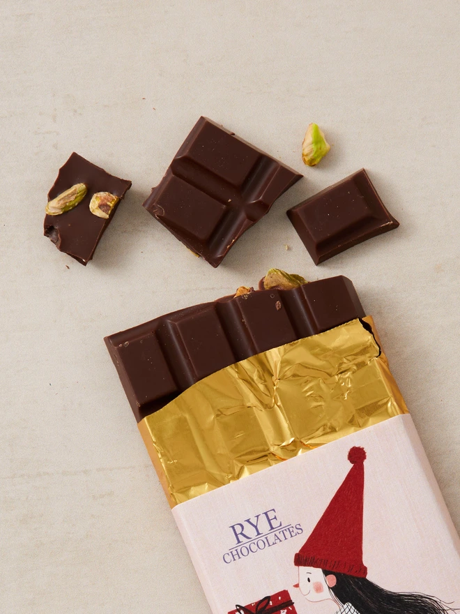 Festive Pistachio Chocolate Bar - blend of 43.5% Venezuelan milk & 72% Ecuadorian dark chocolate