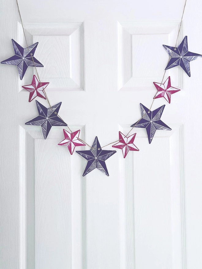 'Bright Star' Colourful Hand Printed Linocut Garland Pink & Purple small and large stars in pink and purple