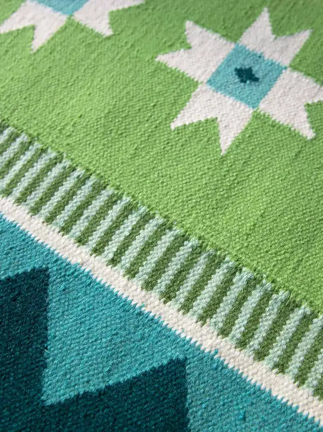 Victoria Flatweave Runner Rug, a colourful rug sitting in a decorated room.