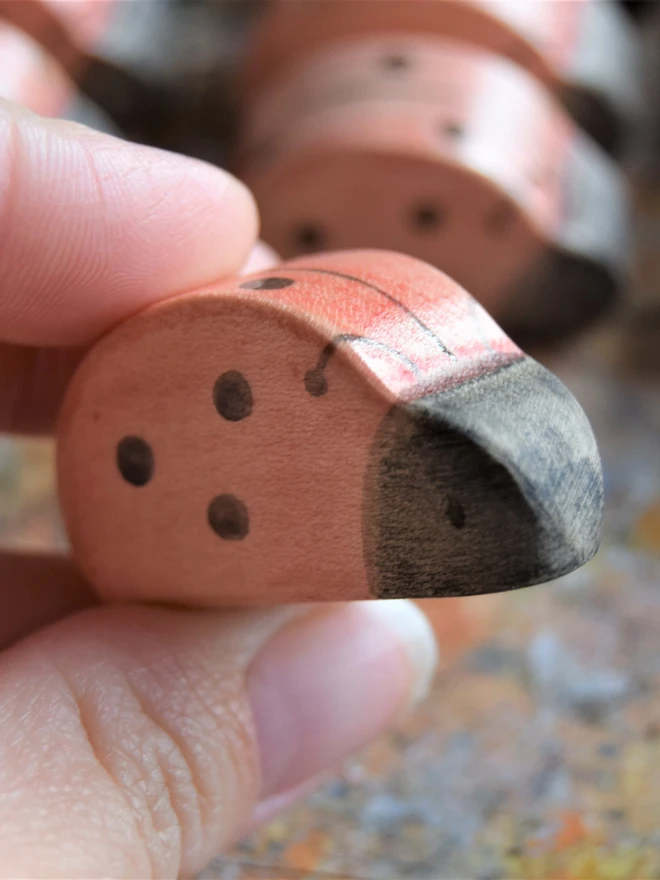 Handmade ecofriendly wooden toy figurines, ladybird toy figures made by hand by Eric and Albert made in Wales, UK