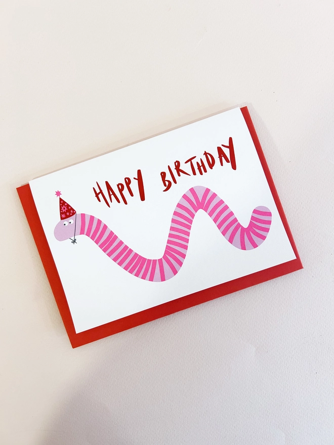 Happy Birthday Party Worm, Foiled Card, Hannah Carvell