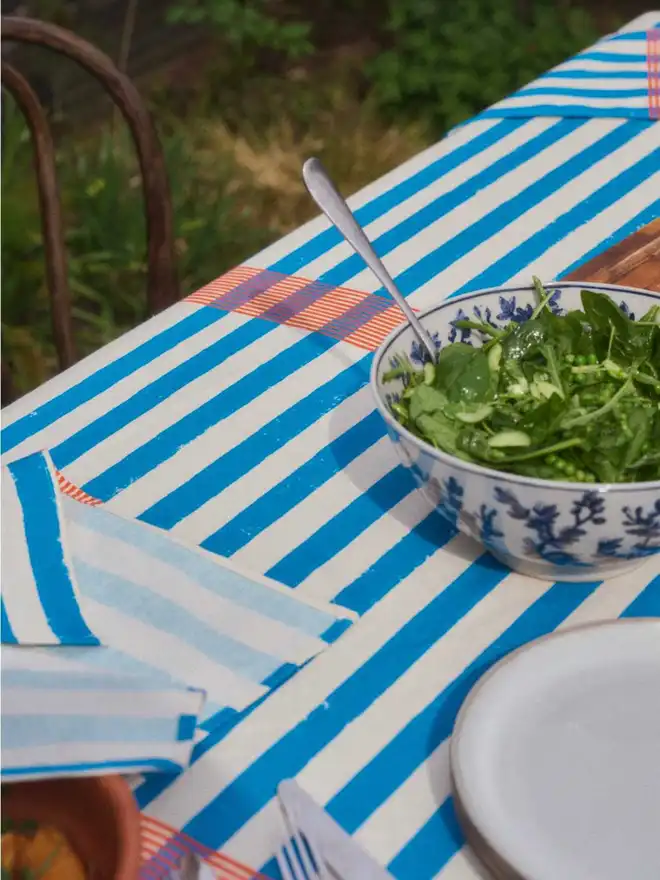 Blue Orange stripe tablecloth out door garden