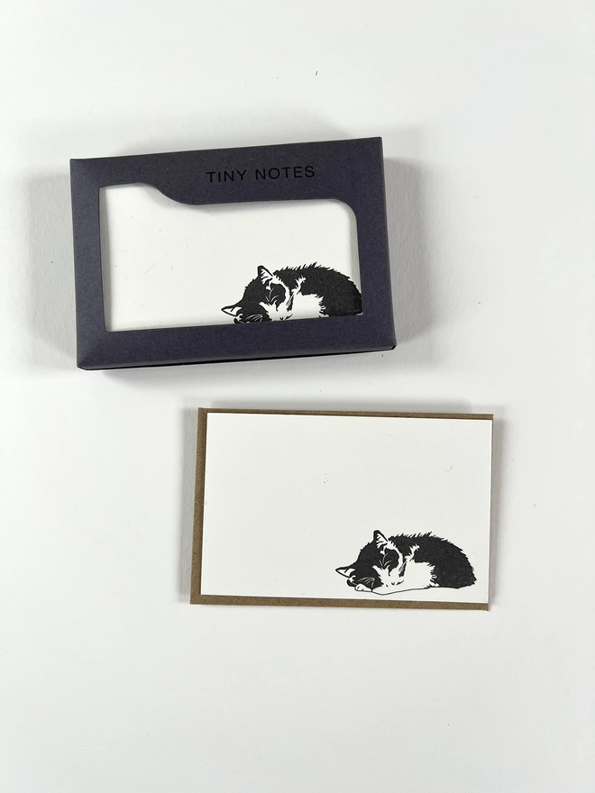 Boxed letterpress tiny note illustrated with a sleeping cat