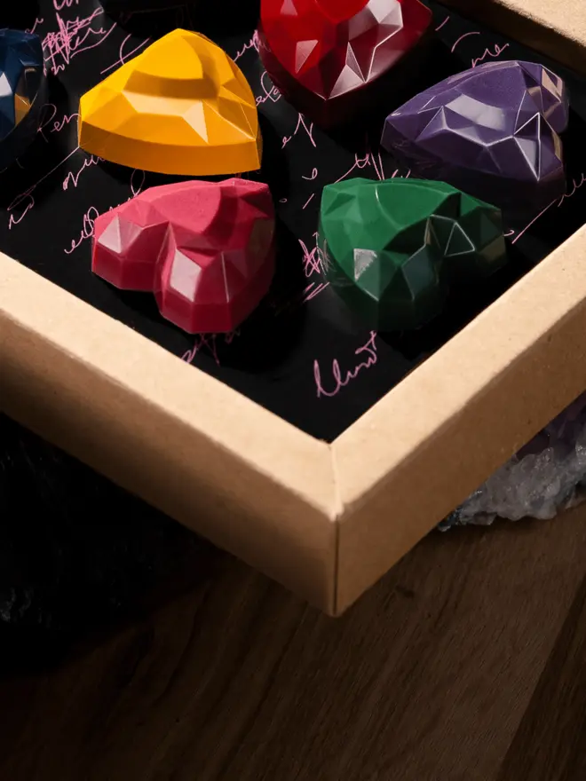 heart chocolate close up - yellow, green, pink, purple ones