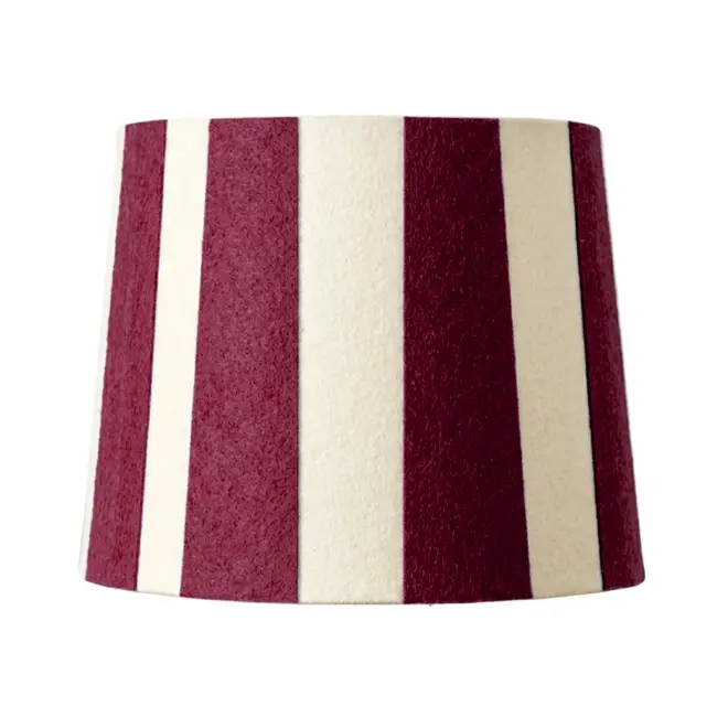 Hand Painted Upcycled Striped Sustainable Drum Lampshade, a burgandy striped lampshade against a white background. 