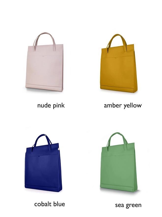 Colour variations of the Tote Bag including the Nude Pink, Amber Yellow in top row respectively and the Cobalt Blue and Sea Green on the bottom row respectively.