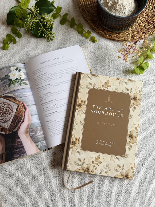 The Art Of Sourdough Notebook Front Cover and Stencilling Pages