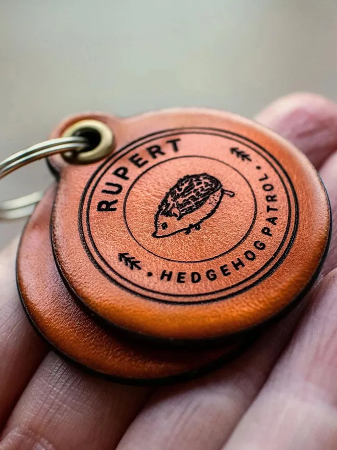 Hedgehog Patrol - Double Saddle Tan Leather ID Tag