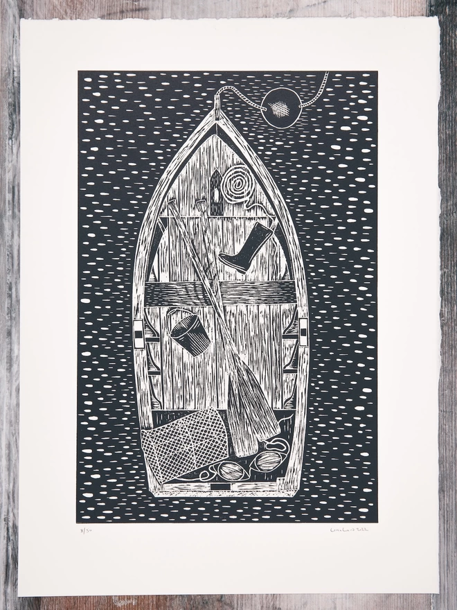 Picture of a Rowing Boat with the view from above, taken from an original Lino Print 