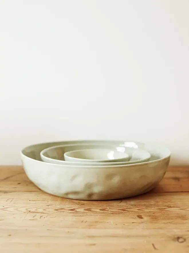 'seaglass' handcrafted stoneware bowls. a green stoneware serving bowl set of 3.