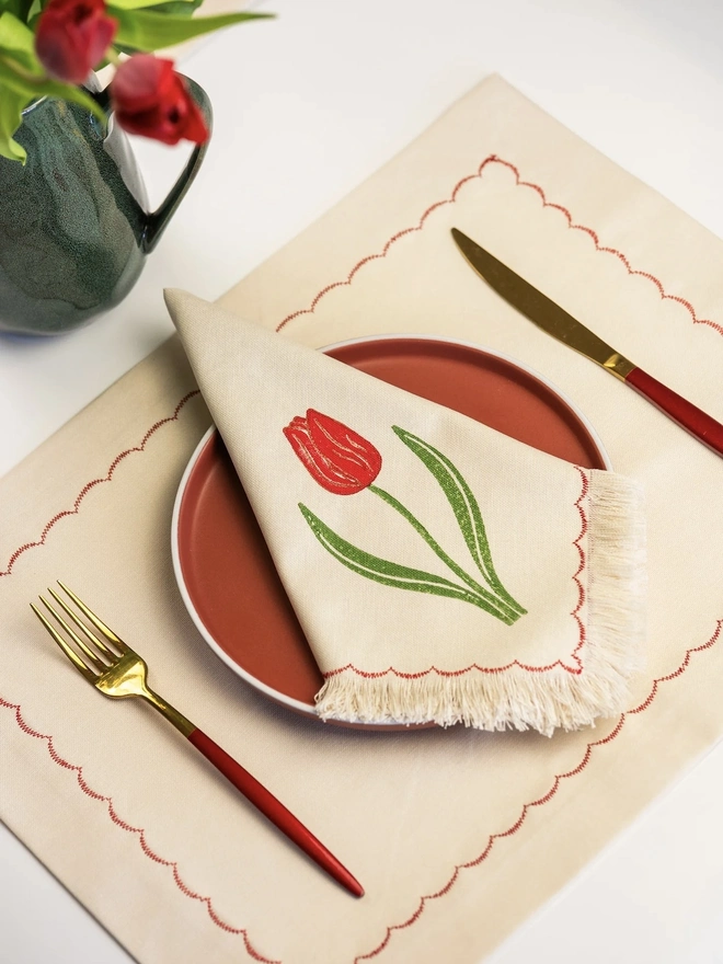 Block Printed Fringed Napkins Tulips (Set Of 2)