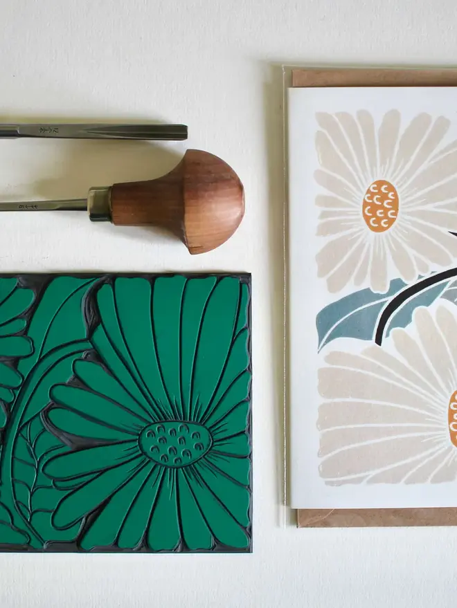 daisy linocut greeting card