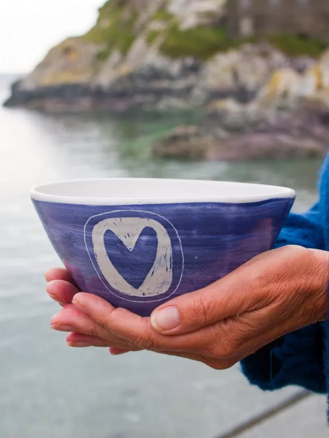 Handmade blue and white bowl with a heart