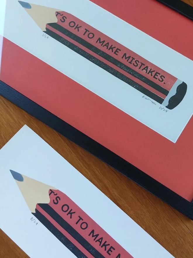 'Its Ok To Make Mistakes' Red Pencil Linocut 