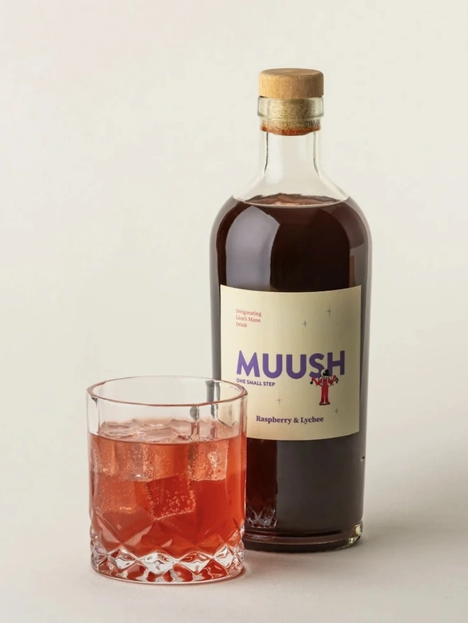 Raspberry & Lychee Elixir, a soft drink accompanied by a bottle on a plain surface. 