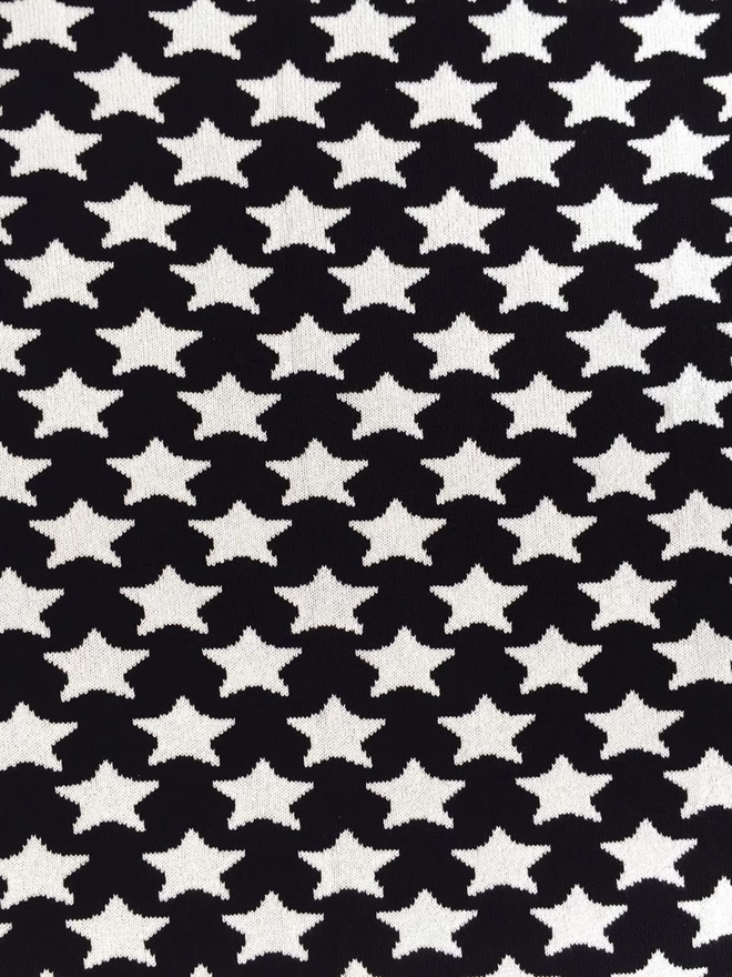 A close up of the pattern detail showing the reverse colourway of the knitted monochrome star blanket, white pattern on black background.