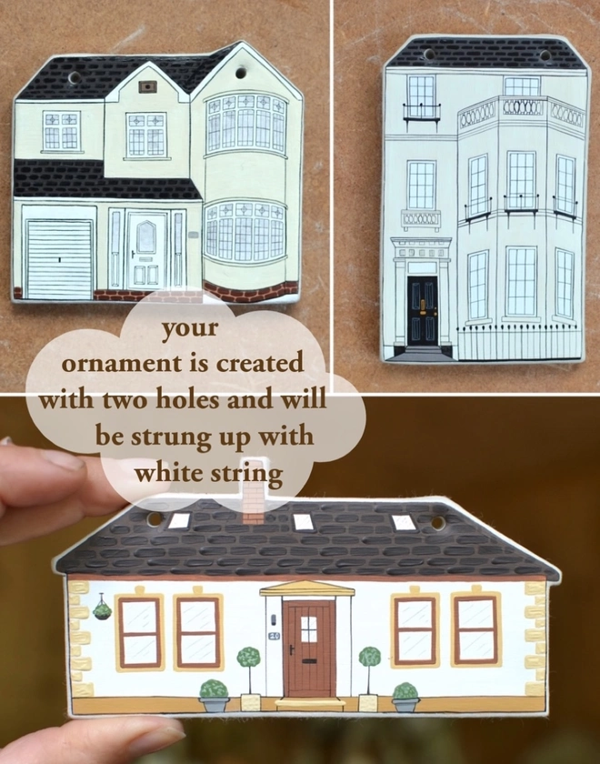 3 ceramic ornaments in personalised design of a house