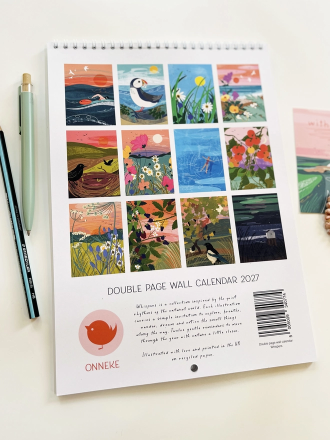 Back of the 2027 Calendar, Wall Calendar, Illustrated Calendar, Double Page Calendar, A4 Calendar, Nature Calendar, Art Calendar, Whispers Collection, Nature Inspired, Mindful Living, Slow Living, Nature Lover Gift, Outdoor Lover Gift, Recycled Paper, Eco Friendly Gift, Sustainable Stationery, UK Made, Illustrated Stationery, Onneke Studio