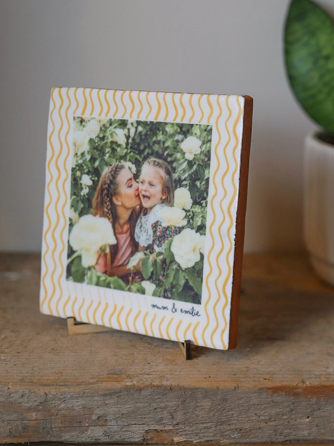 Personalised Crackle Glazed Wavy Orange Ceramic Photo Tile
