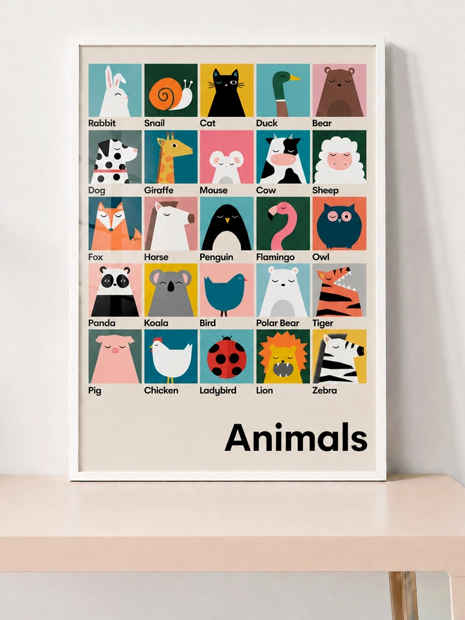 A colorful educational poster featuring various animals with their names, displayed in a grid format, with a label at the bottom saying 'Animals'.
