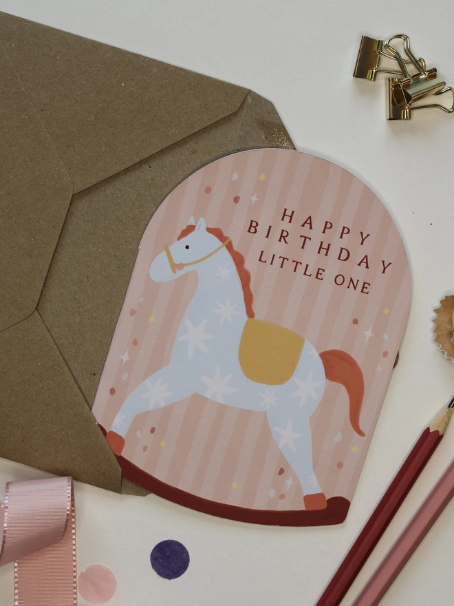 Happy birthday little one rocking horse arch shape card