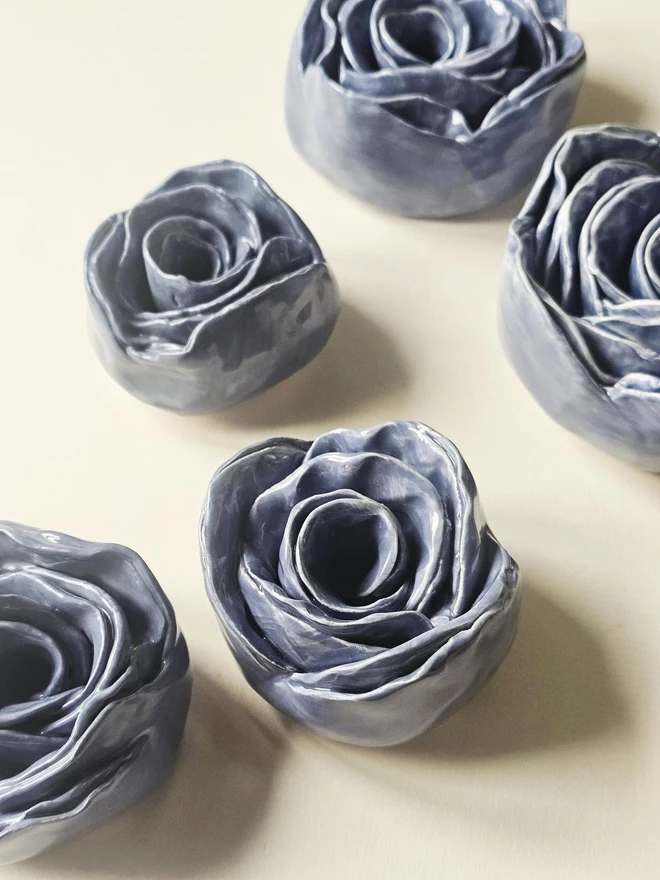 dusty blue ceramic rose flower pottery wall decor 3d sculpture floral art 