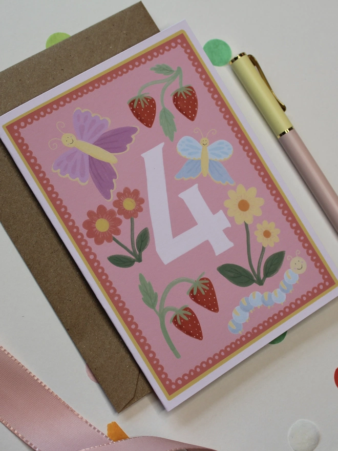 pink 4th birthday card with butterfly and floral illustrations 