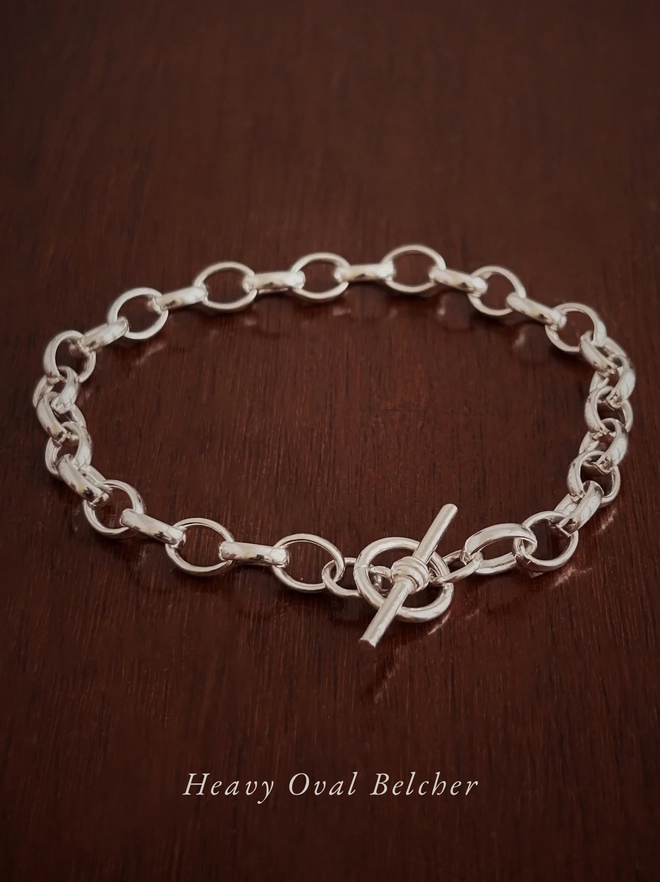 Heavy Oval Belcher Bracelet ~ Sterling Silver